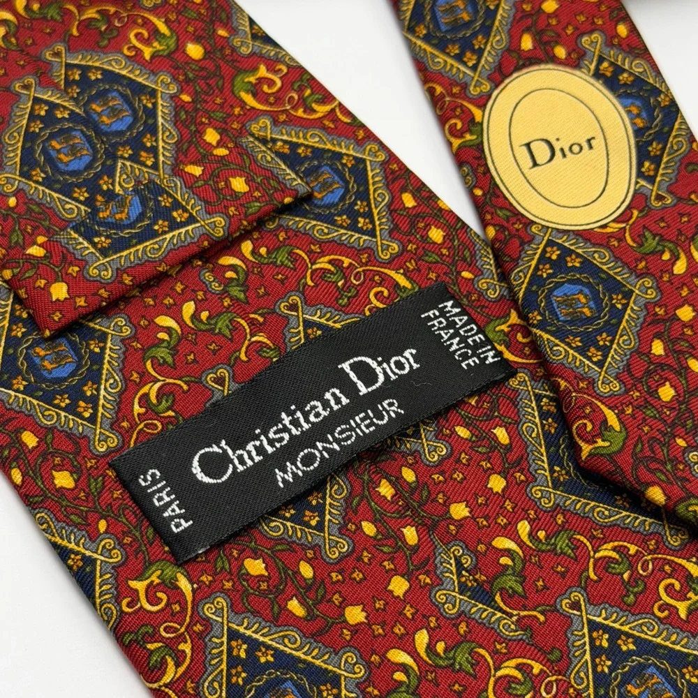 VTG Christian Dior Tie 100% Silk Red Regal Intricate‎ Design Luxury Paris France